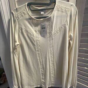 J Jill NWT Cotton Blend Long Sleeve Top-  Cream with Embroidered Details XSP